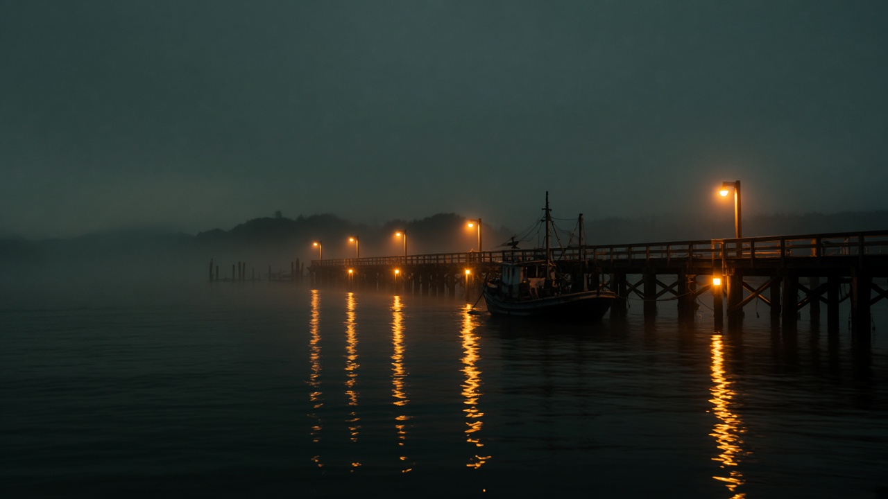 A quiet harbor at dusk with amber lights along the pier.
