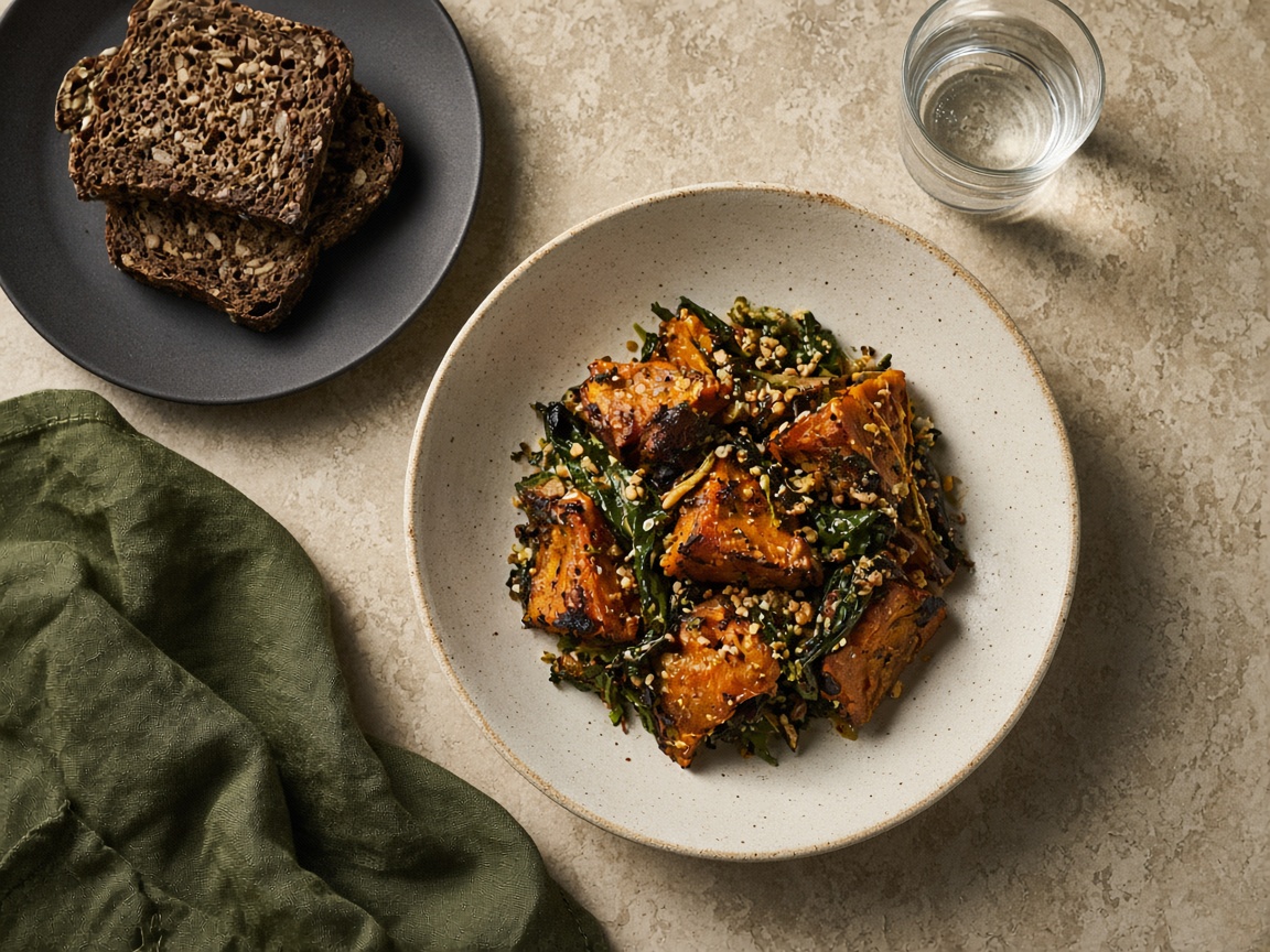 A ceramic bowl of roasted vegetables and dark bread on a restaurant table.