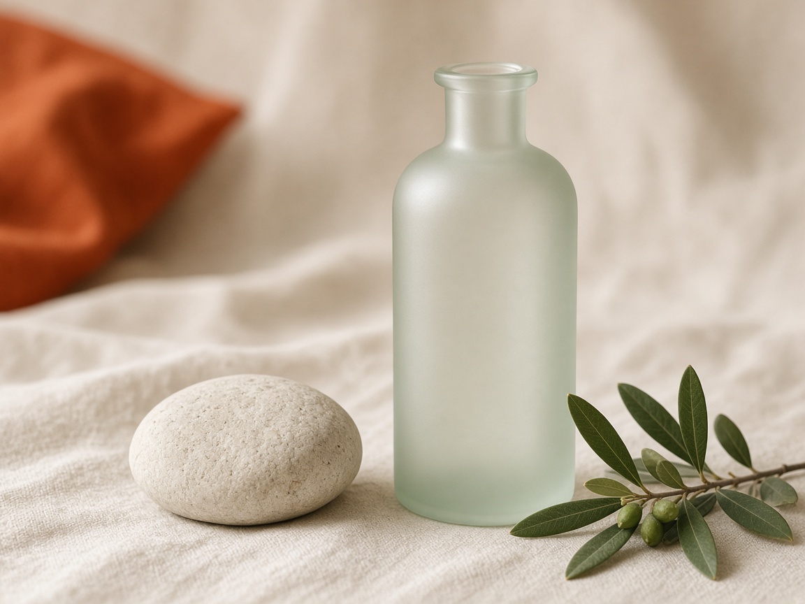 A frosted glass bottle and an olive sprig on ivory linen.