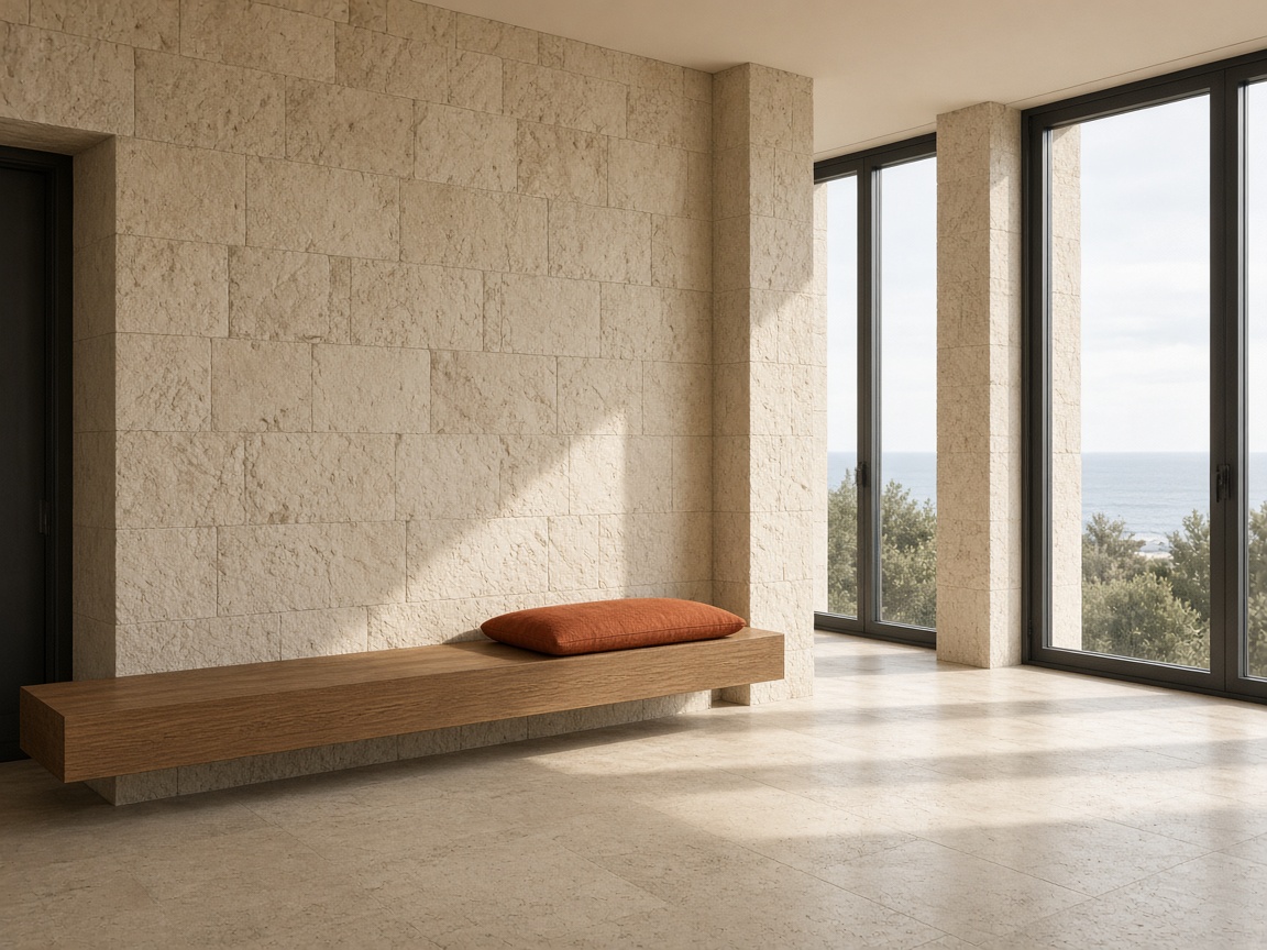 A limestone hotel interior with a wooden bench, an orange cushion, and windows onto the sea.