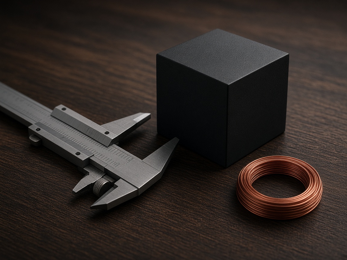 Brushed steel tools and a copper coil on a dark walnut bench.