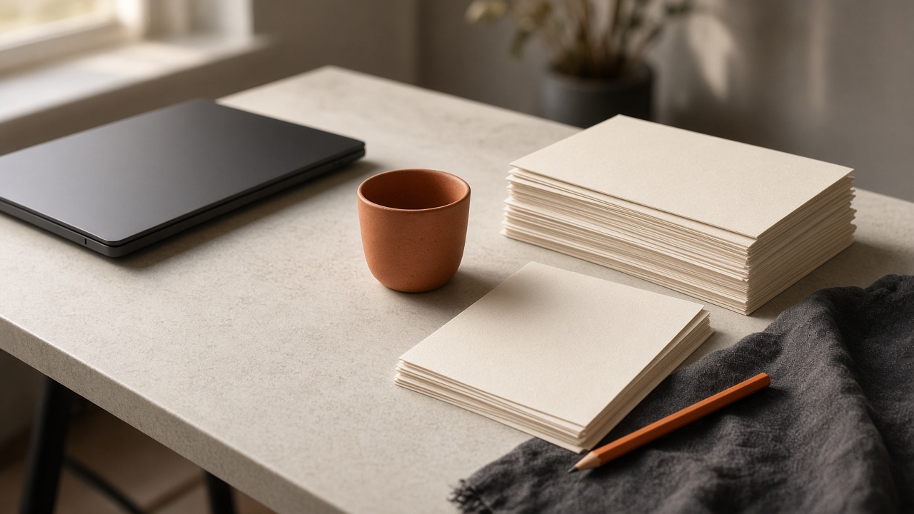 A studio desk with a closed laptop, a terracotta cup, stacks of blank paper, and an orange pencil.
