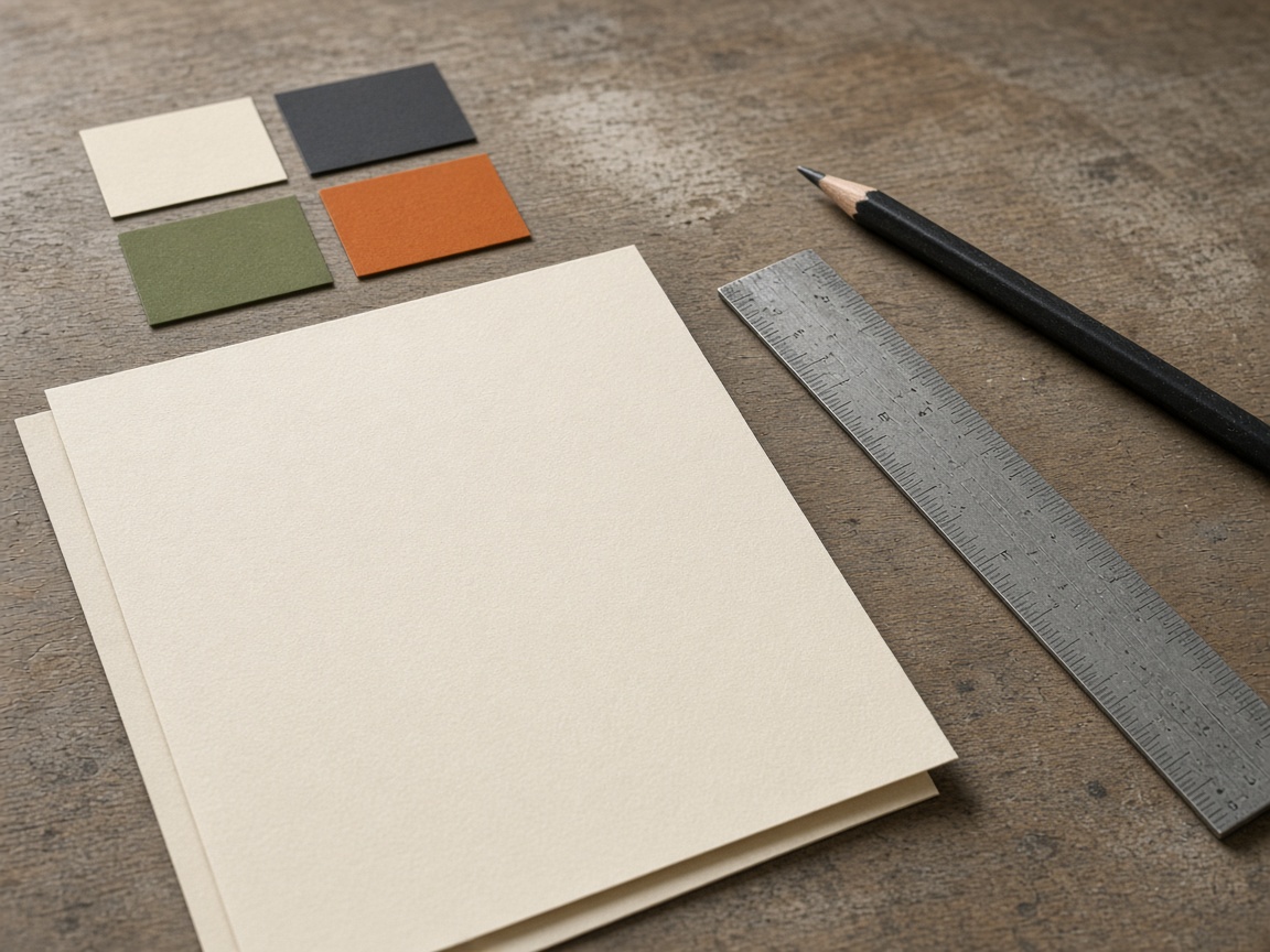 Blank paper, a metal ruler, solid color chips, and a black pencil on a work table.