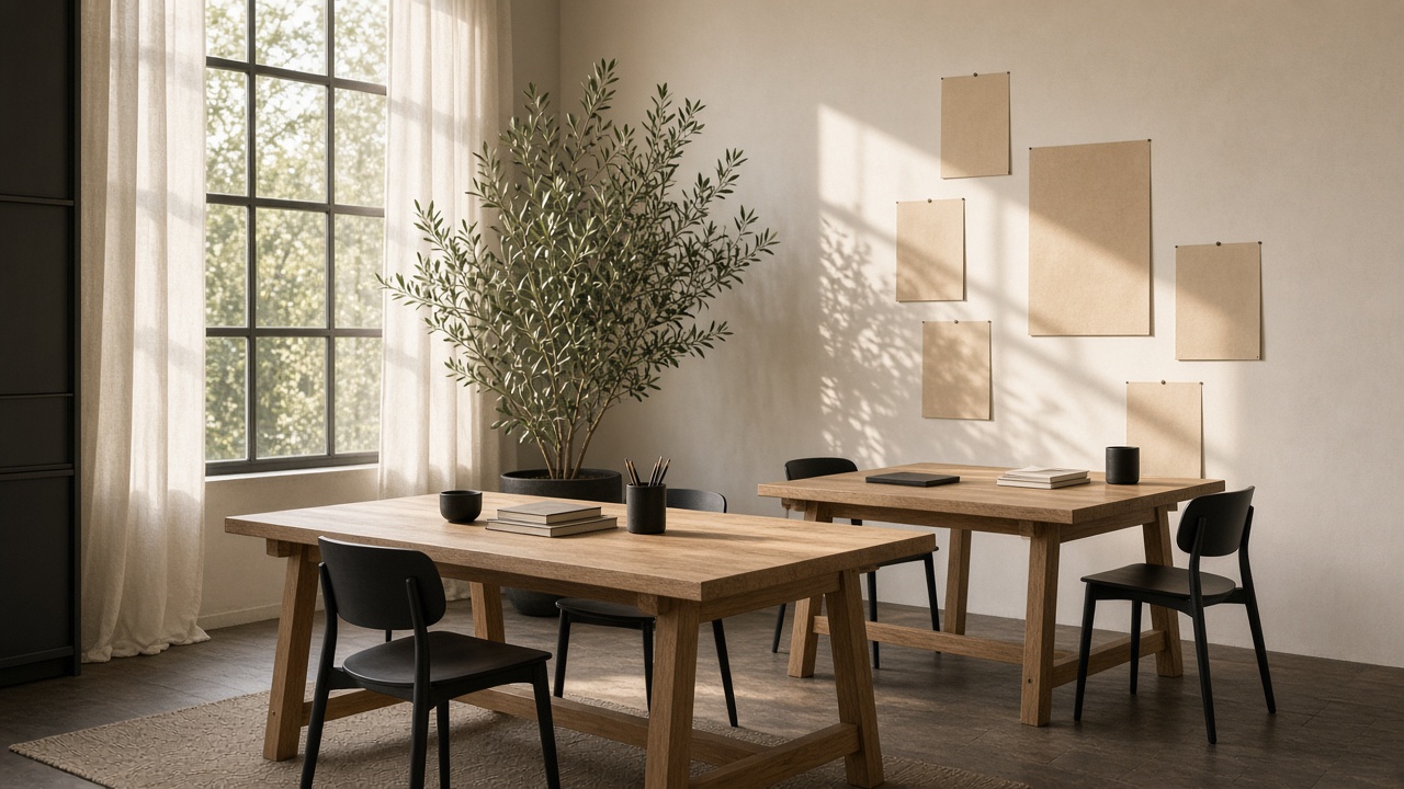 An empty studio with oak tables, black chairs, and blank sheets pinned to the wall.